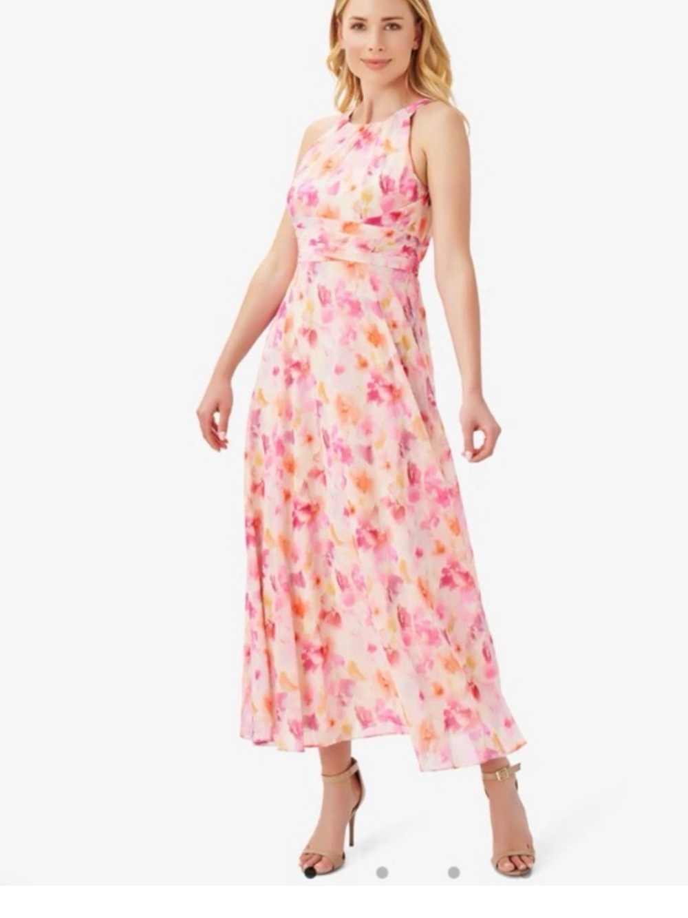 Adrianna Papell Pink and Coral Floral Halter Maxi Dress